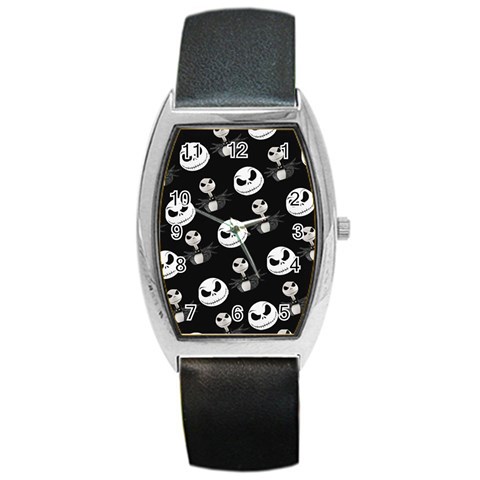 Jack Print, White, Before, Plain, Black, Simple, Christmas Barrel Style Metal Watch from ArtsNow.com Front