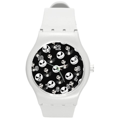 Jack Print, White, Before, Plain, Black, Simple, Christmas Round Plastic Sport Watch (M) from ArtsNow.com Front