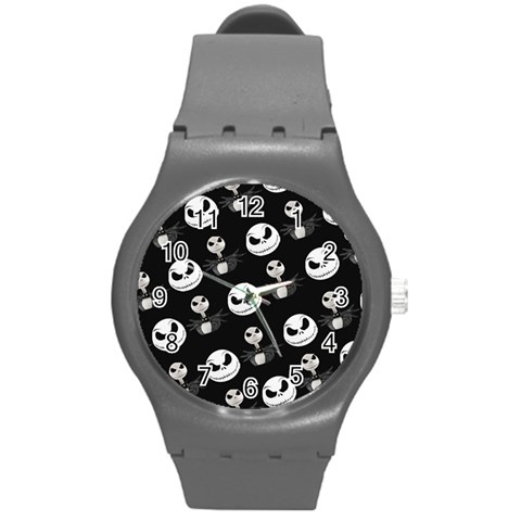 Jack Print, White, Before, Plain, Black, Simple, Christmas Round Plastic Sport Watch (M) from ArtsNow.com Front