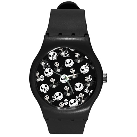 Jack Print, White, Before, Plain, Black, Simple, Christmas Round Plastic Sport Watch (M) from ArtsNow.com Front