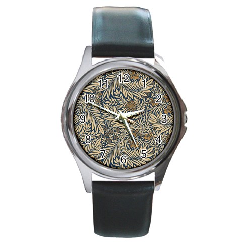 Brown Vintage Background Vintage Floral Pattern, Brown Round Metal Watch from ArtsNow.com Front