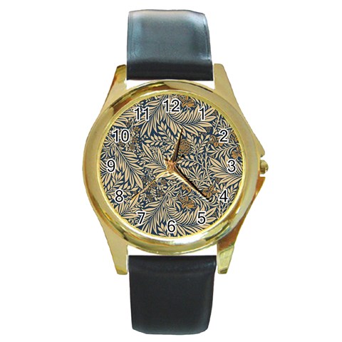 Brown Vintage Background Vintage Floral Pattern, Brown Round Gold Metal Watch from ArtsNow.com Front