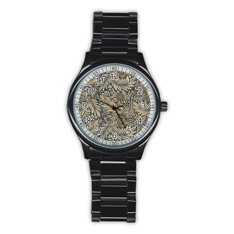 Brown Vintage Background Vintage Floral Pattern, Brown Stainless Steel Round Watch from ArtsNow.com Front