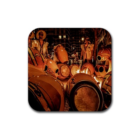 Candombe drums being tempered, montevideo, uruguay Rubber Coaster (Square) from ArtsNow.com Front