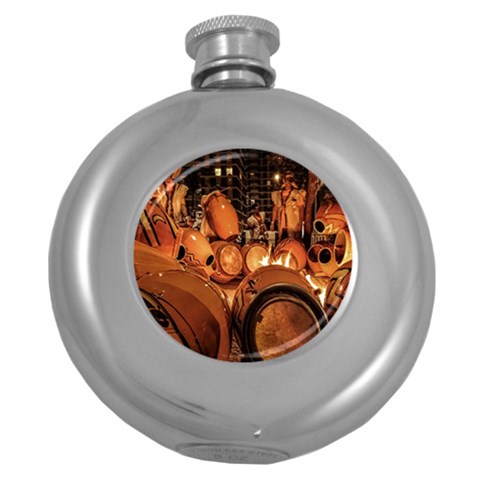 Candombe drums being tempered, montevideo, uruguay Round Hip Flask (5 oz) from ArtsNow.com Front