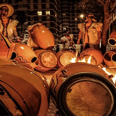 Candombe drums being tempered, montevideo, uruguay 7  x 9  Hardcover Notebook from ArtsNow.com Front Cover