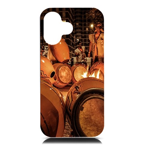 Candombe drums being tempered, montevideo, uruguay iPhone 16 Black UV Print PC Hardshell Case from ArtsNow.com Front