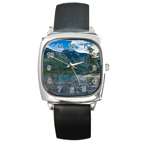 Beach At Los Alerces National Park, Chubut Province, Argentina Square Metal Watch from ArtsNow.com Front