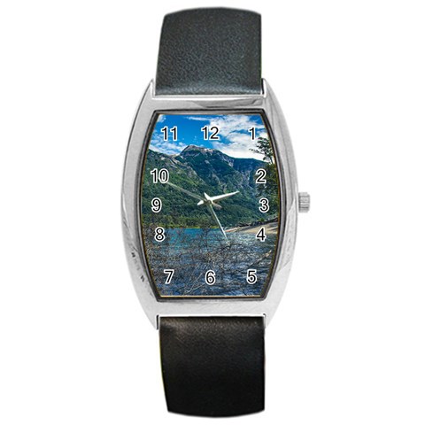 Beach At Los Alerces National Park, Chubut Province, Argentina Barrel Style Metal Watch from ArtsNow.com Front