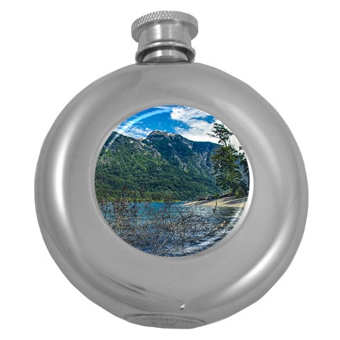 Beach At Los Alerces National Park, Chubut Province, Argentina Round Hip Flask (5 oz) from ArtsNow.com Front