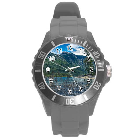 Beach At Los Alerces National Park, Chubut Province, Argentina Round Plastic Sport Watch (L) from ArtsNow.com Front