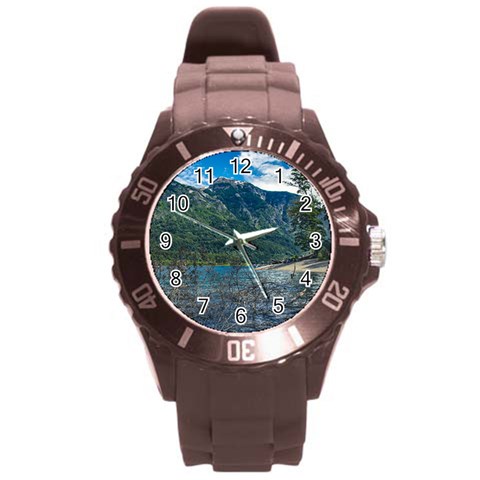 Beach At Los Alerces National Park, Chubut Province, Argentina Round Plastic Sport Watch (L) from ArtsNow.com Front