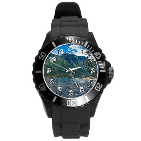 Beach At Los Alerces National Park, Chubut Province, Argentina Round Plastic Sport Watch (L) from ArtsNow.com Front