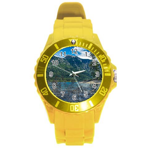 Beach At Los Alerces National Park, Chubut Province, Argentina Round Plastic Sport Watch (L) from ArtsNow.com Front