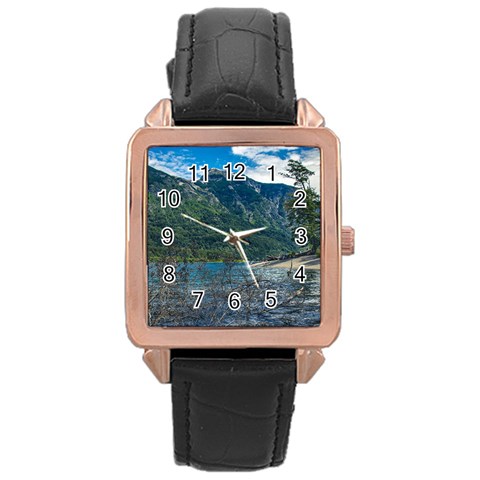 Beach At Los Alerces National Park, Chubut Province, Argentina Rose Gold Leather Watch  from ArtsNow.com Front