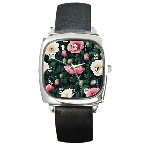 Poppy Flower Plant Petals Bloom Square Metal Watch from ArtsNow.com Front