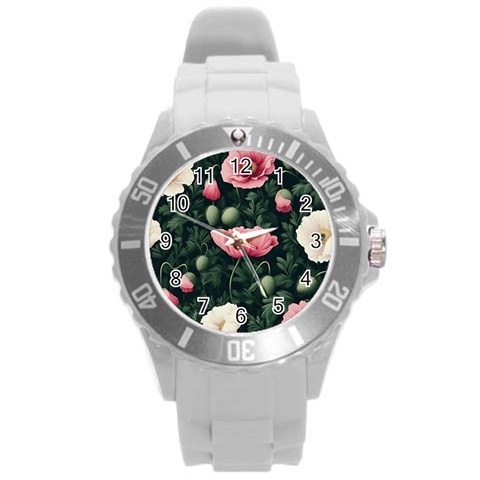 Poppy Flower Plant Petals Bloom Round Plastic Sport Watch (L) from ArtsNow.com Front