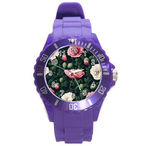 Poppy Flower Plant Petals Bloom Round Plastic Sport Watch (L) from ArtsNow.com Front