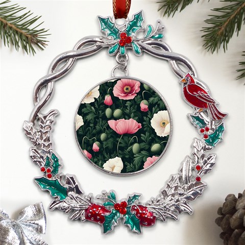 Poppy Flower Plant Petals Bloom Metal X mas Wreath Holly leaf Ornament from ArtsNow.com Front