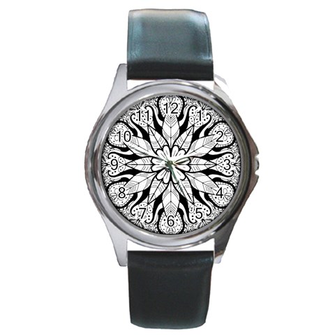 Seamless Tiling Pattern Hand Drawn Black White Round Metal Watch from ArtsNow.com Front