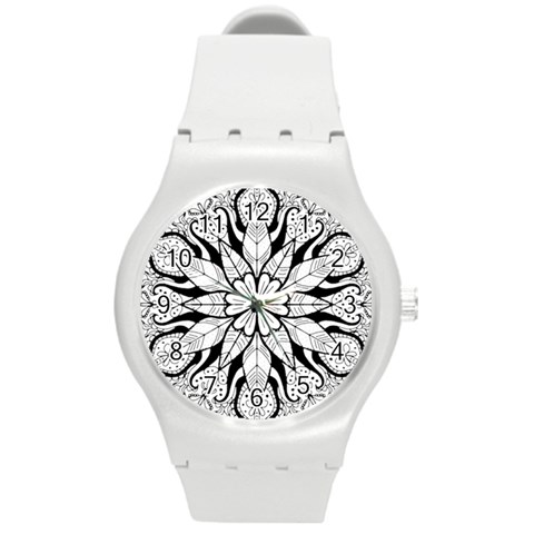 Seamless Tiling Pattern Hand Drawn Black White Round Plastic Sport Watch (M) from ArtsNow.com Front