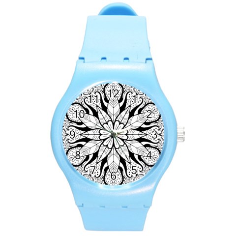 Seamless Tiling Pattern Hand Drawn Black White Round Plastic Sport Watch (M) from ArtsNow.com Front