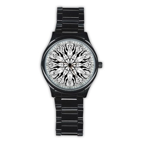 Seamless Tiling Pattern Hand Drawn Black White Stainless Steel Round Watch from ArtsNow.com Front