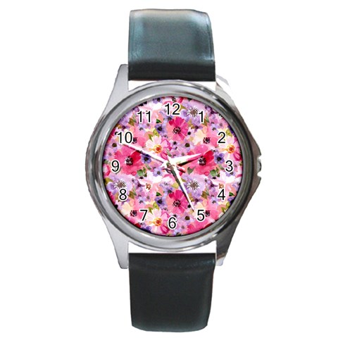 Pattern Seamless Texture Daisies Round Metal Watch from ArtsNow.com Front