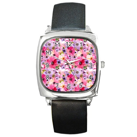 Pattern Seamless Texture Daisies Square Metal Watch from ArtsNow.com Front