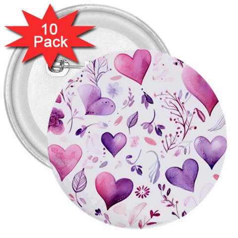 Hearts Love Purple 3  Buttons (10 pack)  from ArtsNow.com Front