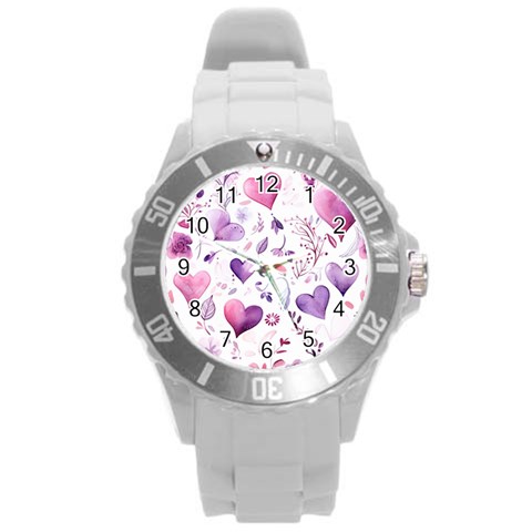 Hearts Love Purple Round Plastic Sport Watch (L) from ArtsNow.com Front