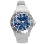 Blue, Camouflage, Cool, Navy, New, Pattern Round Plastic Sport Watch (L)