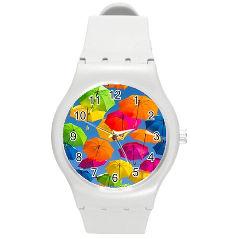 Umbrella, Colorful, Positive, Sky, Rainbow Round Plastic Sport Watch (M) from ArtsNow.com Front