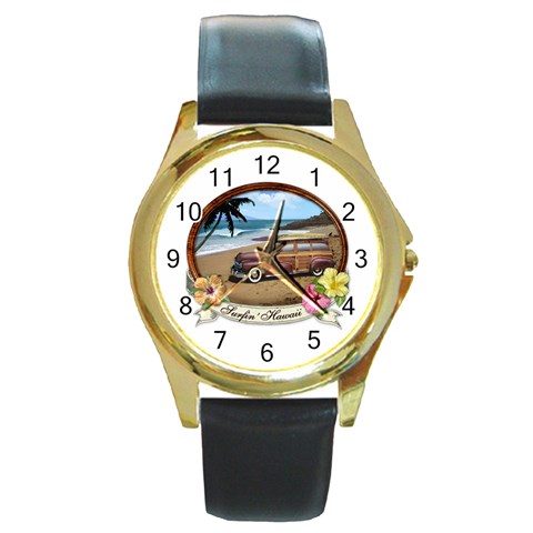 Surfin  Hawaii Round Gold Metal Watch from ArtsNow.com Front