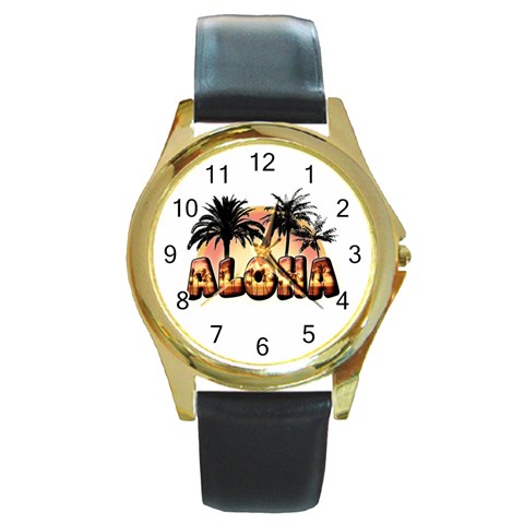 Aloha Sunset Round Gold Metal Watch from ArtsNow.com Front