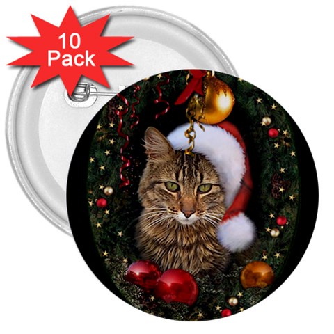 Santa Cat 3  Button (10 pack) from ArtsNow.com Front