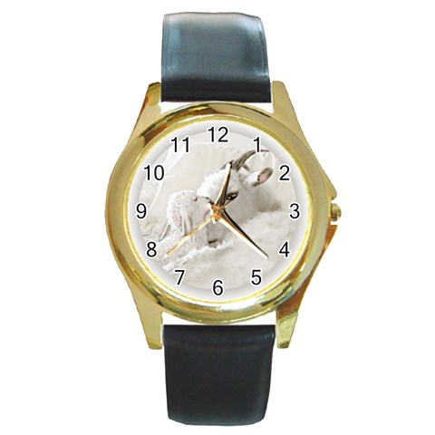 Goat Mother and Baby Round Gold Metal Watch from ArtsNow.com Front