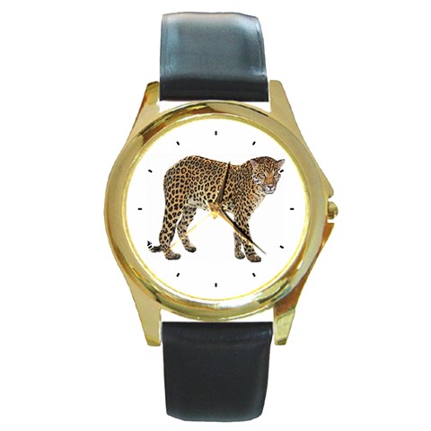 Leopard Round Gold Metal Watch from ArtsNow.com Front