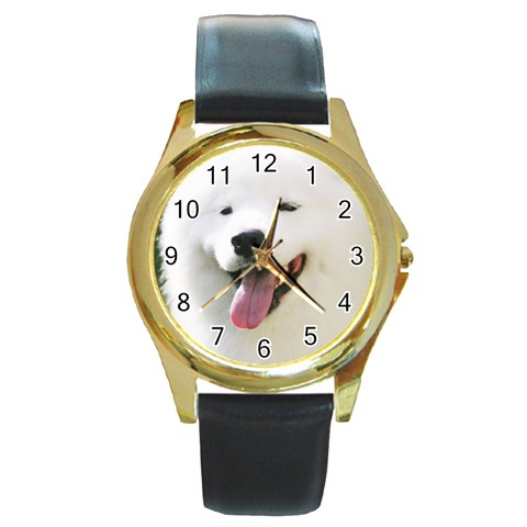 American Eskimo Dog Round Gold Metal Watch from ArtsNow.com Front