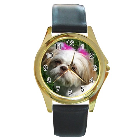 Shih Tzu Dog Round Gold Metal Watch from ArtsNow.com Front