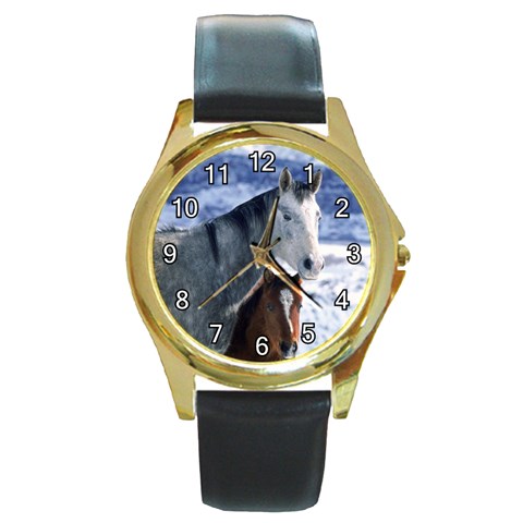 Winter Horses 0004 Round Gold Metal Watch from ArtsNow.com Front