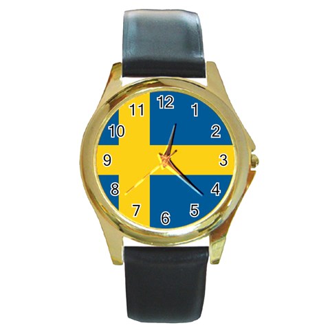 Swedish Flag Round Gold Metal Watch from ArtsNow.com Front