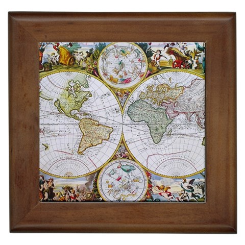 Antique World Map Framed Tile 5.5 inch cherry wood New  