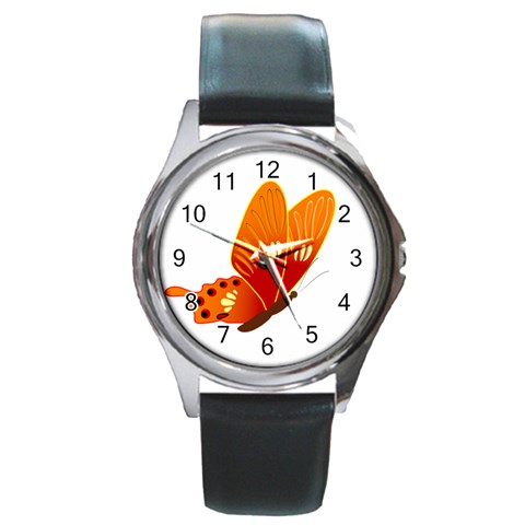 Orange Flame Butterfly Round Metal Watch from ArtsNow.com Front