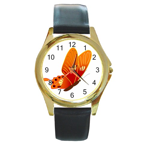 Orange Flame Butterfly Round Gold Metal Watch from ArtsNow.com Front