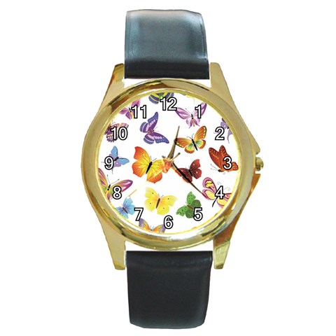 Bright Butterflies Round Gold Metal Watch from ArtsNow.com Front