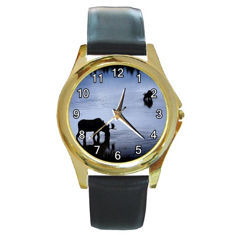 Moose in Peaceful Waters Round Gold Metal Watch from ArtsNow.com Front