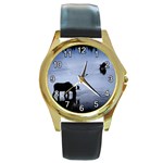 Moose in Peaceful Waters Round Gold Metal Watch