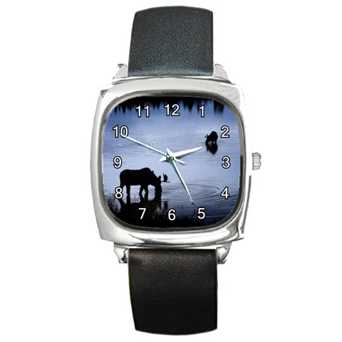 Moose in Peaceful Waters Square Metal Watch from ArtsNow.com Front