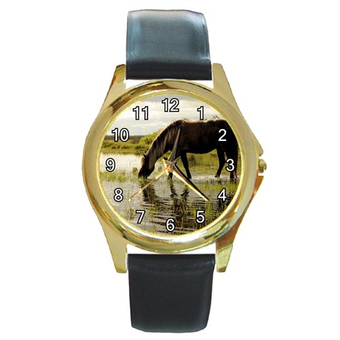 Horse in the Water Round Gold Metal Watch from ArtsNow.com Front